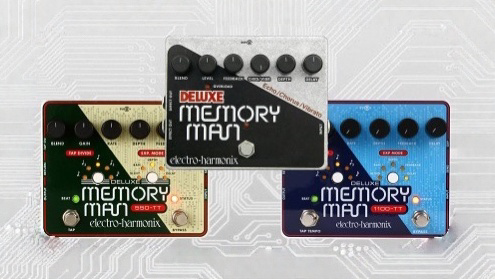 Modern-day, smaller-enclosure Electro-Harmonix Deluxe Memory Man variants shown together.